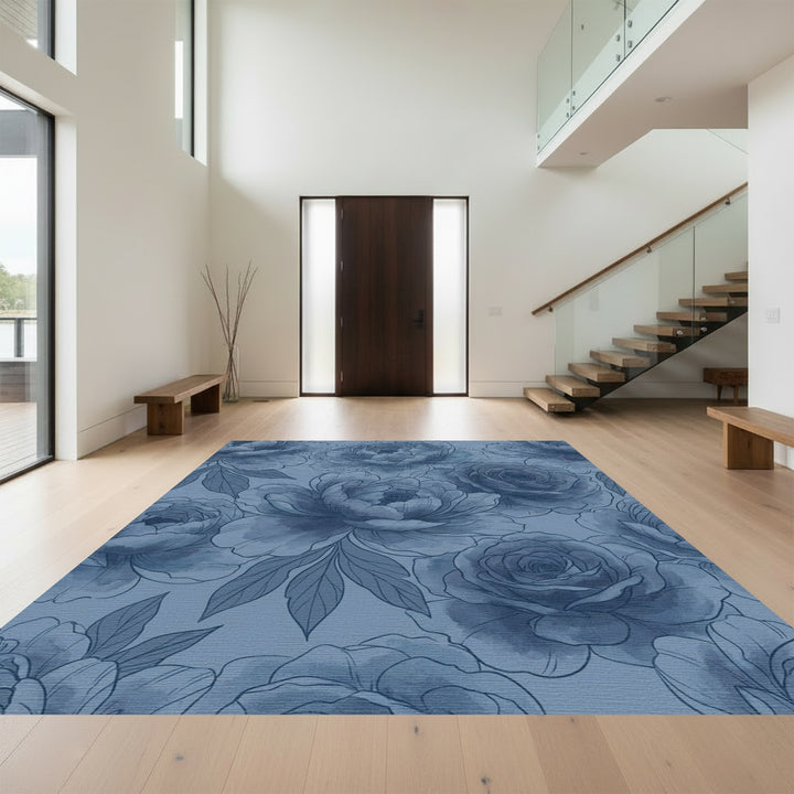 Monochromatic Blue Floral Garden Rug