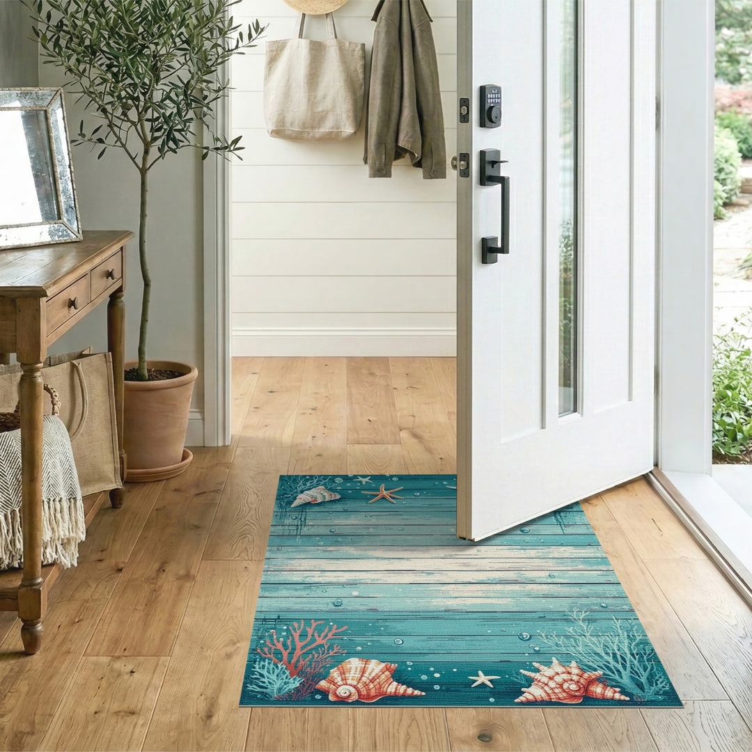 Seashell Starfish Teal Coastal Area Rug