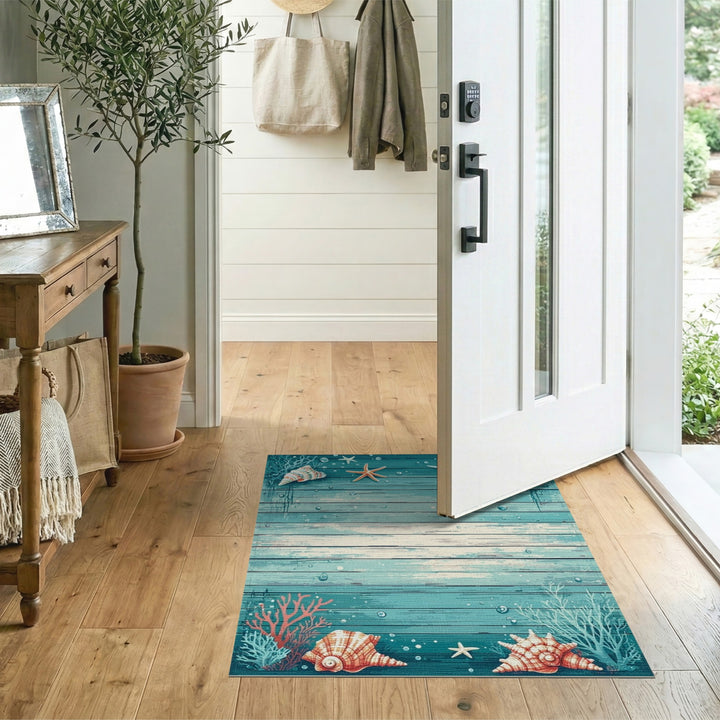 Seashell Starfish Teal Coastal Area Rug