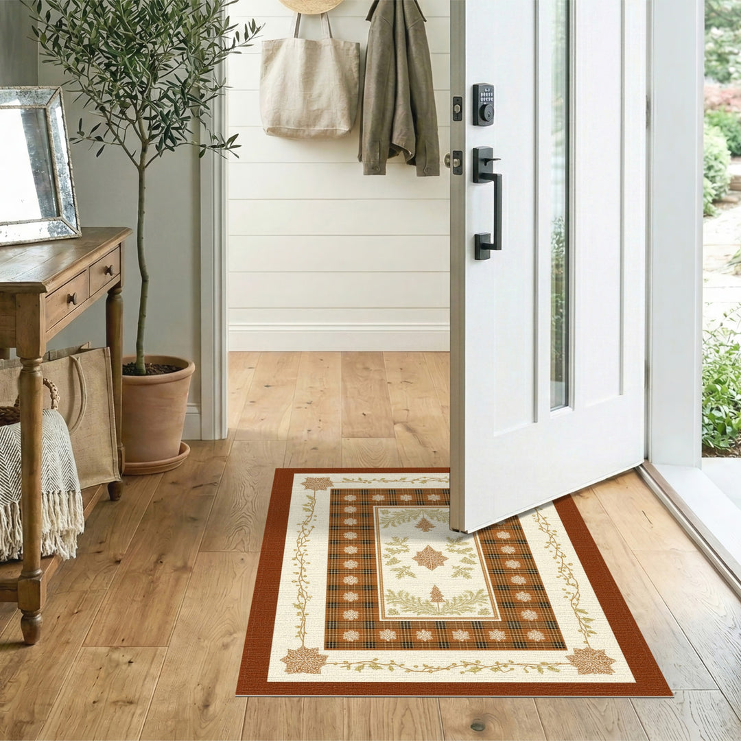 Brown Plaid Christmas Snowflake Area Rug