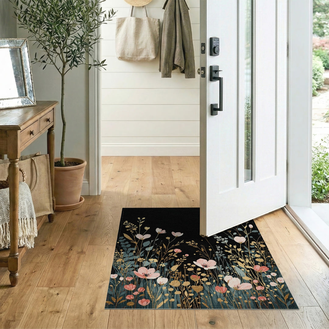 Pink Floral Gold Washable Area Rug