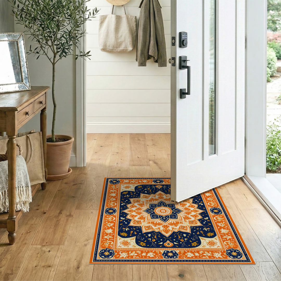 Orange Floral Mandala Navy Area Rug