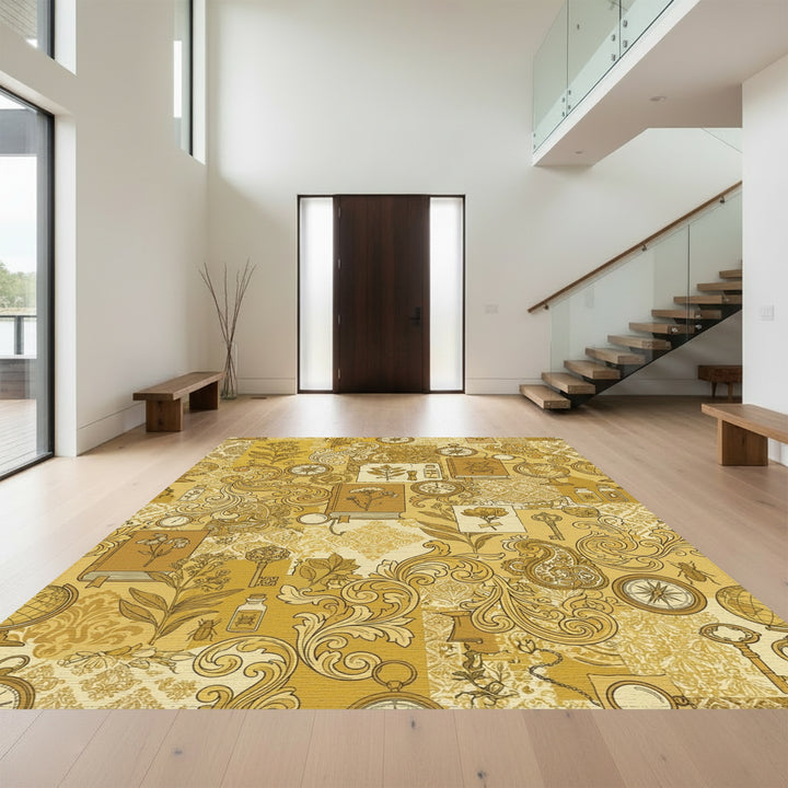 Vintage Golden Botanical Science Collage Rug