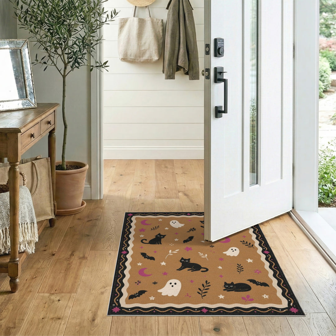 Brown Halloween Black Cats Ghosts Washable Area Rug