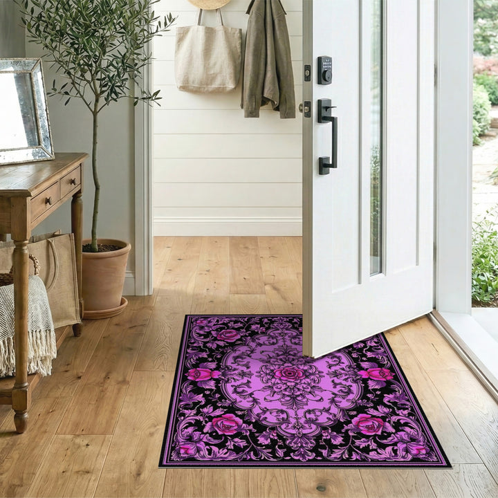 Purple Floral Vintage Area Rug with Pink Roses