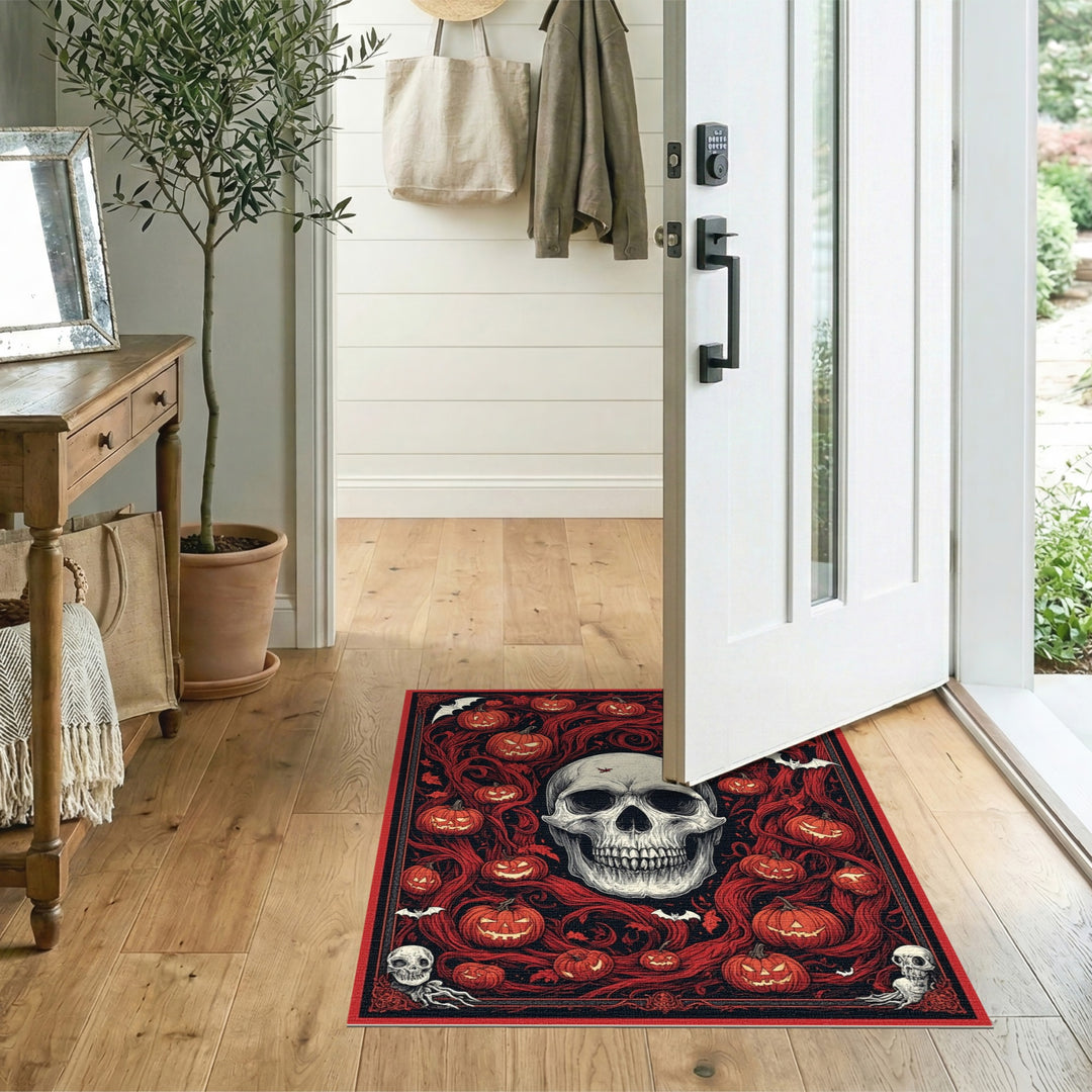 Gothic Skull and Pumpkin Red Area Rug