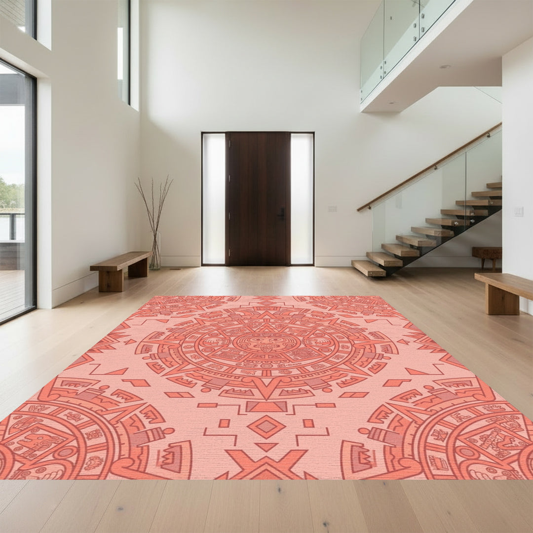 Coral Sunrise Mesoamerican Sun Stone Rug