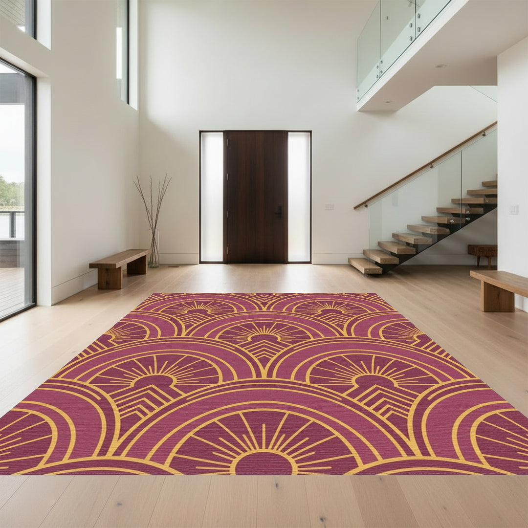 Burgundy Gold Sunburst Geometric Arch Rug