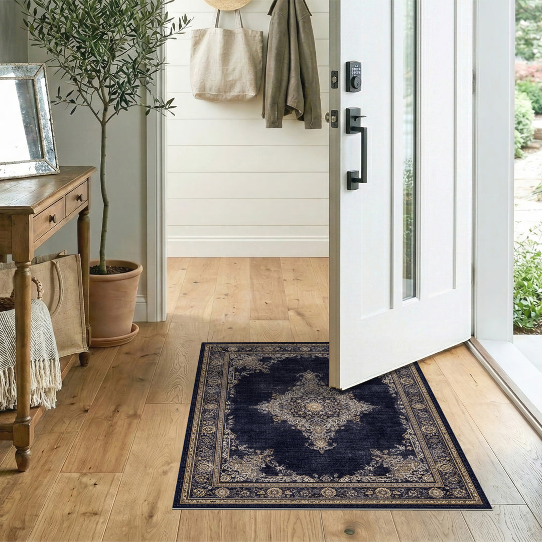 Navy Blue Persian Medallion Area Rug with Gold Accents