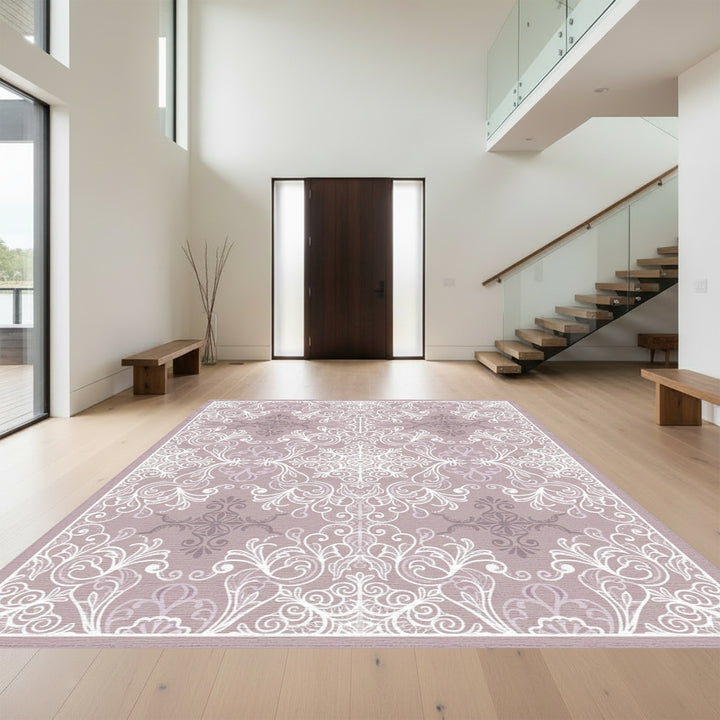 Dainty Lilac White Scrollwork Medallion Rug