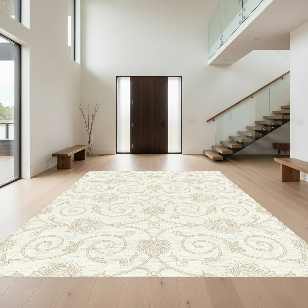 Cream Beige Scrolling Floral Vine Rug