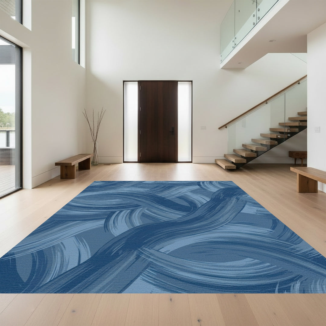 Deep Blue Brush Stroke Waves Rug