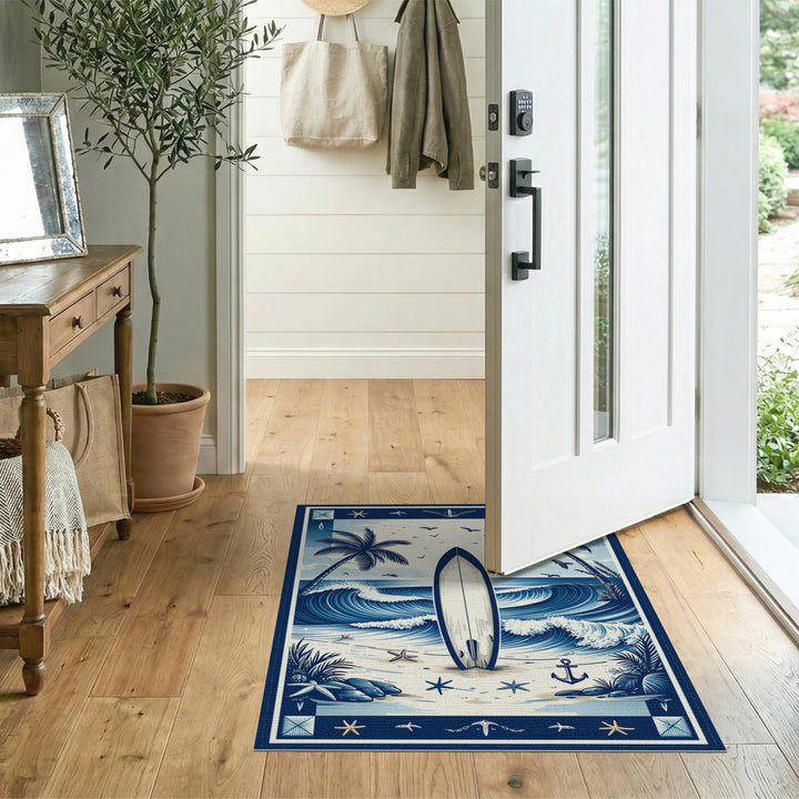 Blue Coastal Surfboard Washable Area Rug