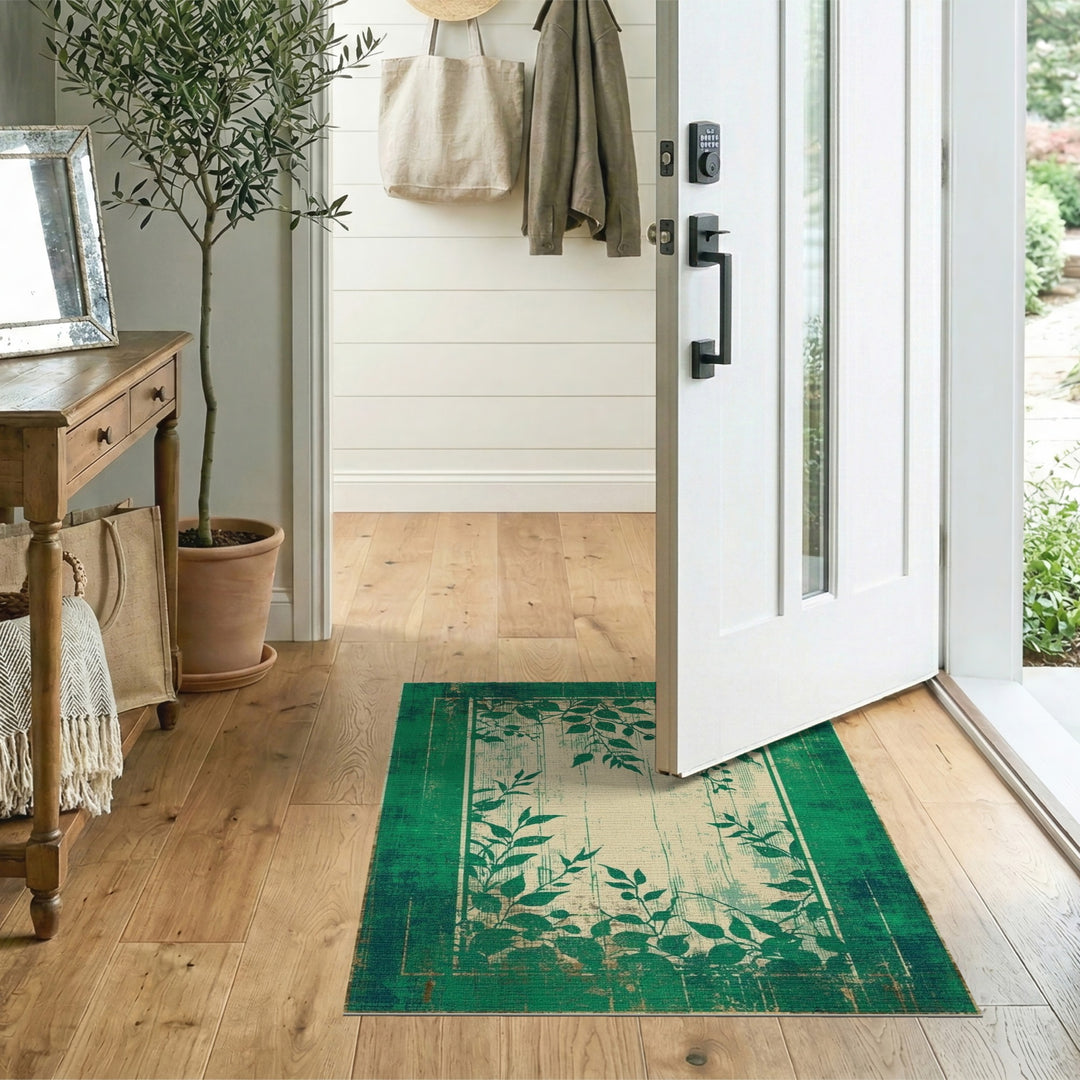 Distressed Vintage Green Distressed Vintage Leaf Area Rug