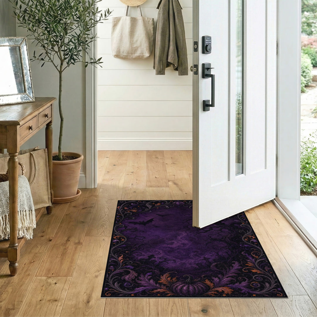 Purple Gothic Halloween Area Rug with Bats and Pumpkin