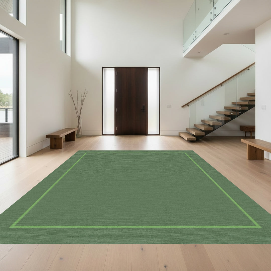 Earthy Olive Green Geometric Border Rug