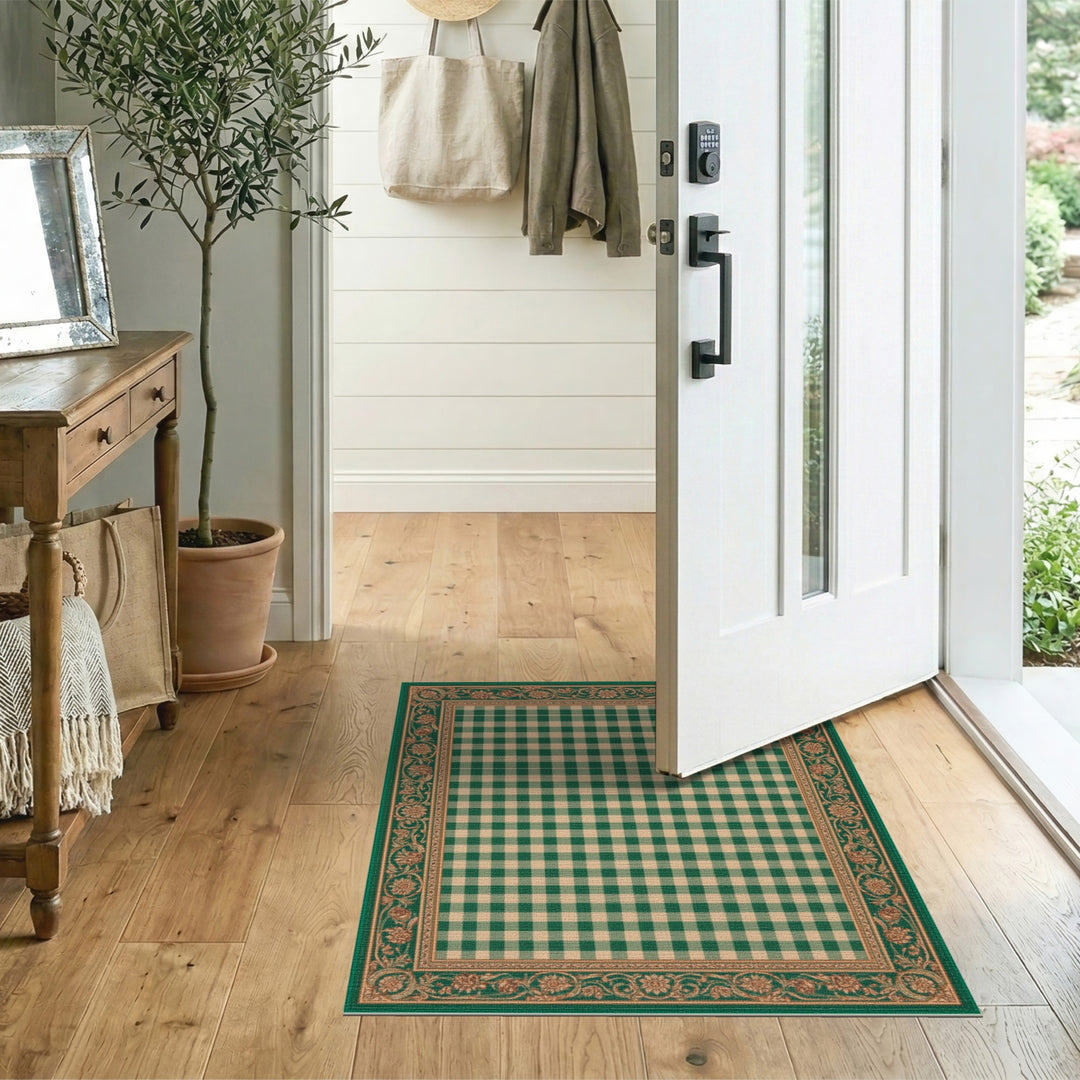 Green Gingham Checkered Rug with Floral Border