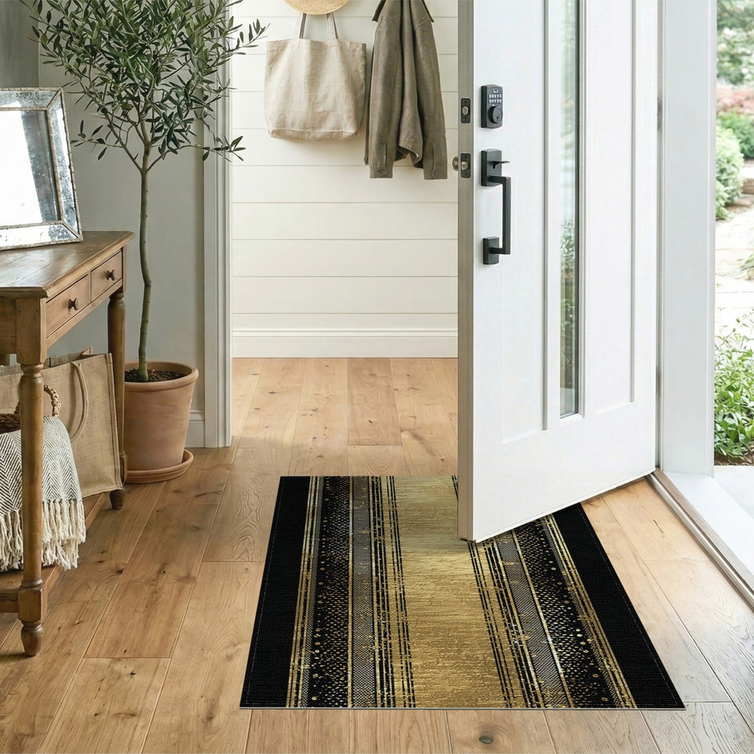 Gold and Silver Black Gold Geometric Striped Area Rug
