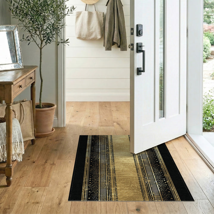 Gold and Silver Black Gold Geometric Striped Area Rug