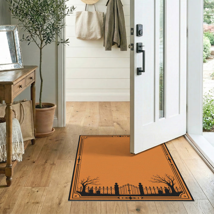 Orange Graveyard Gate Silhouette Area Rug
