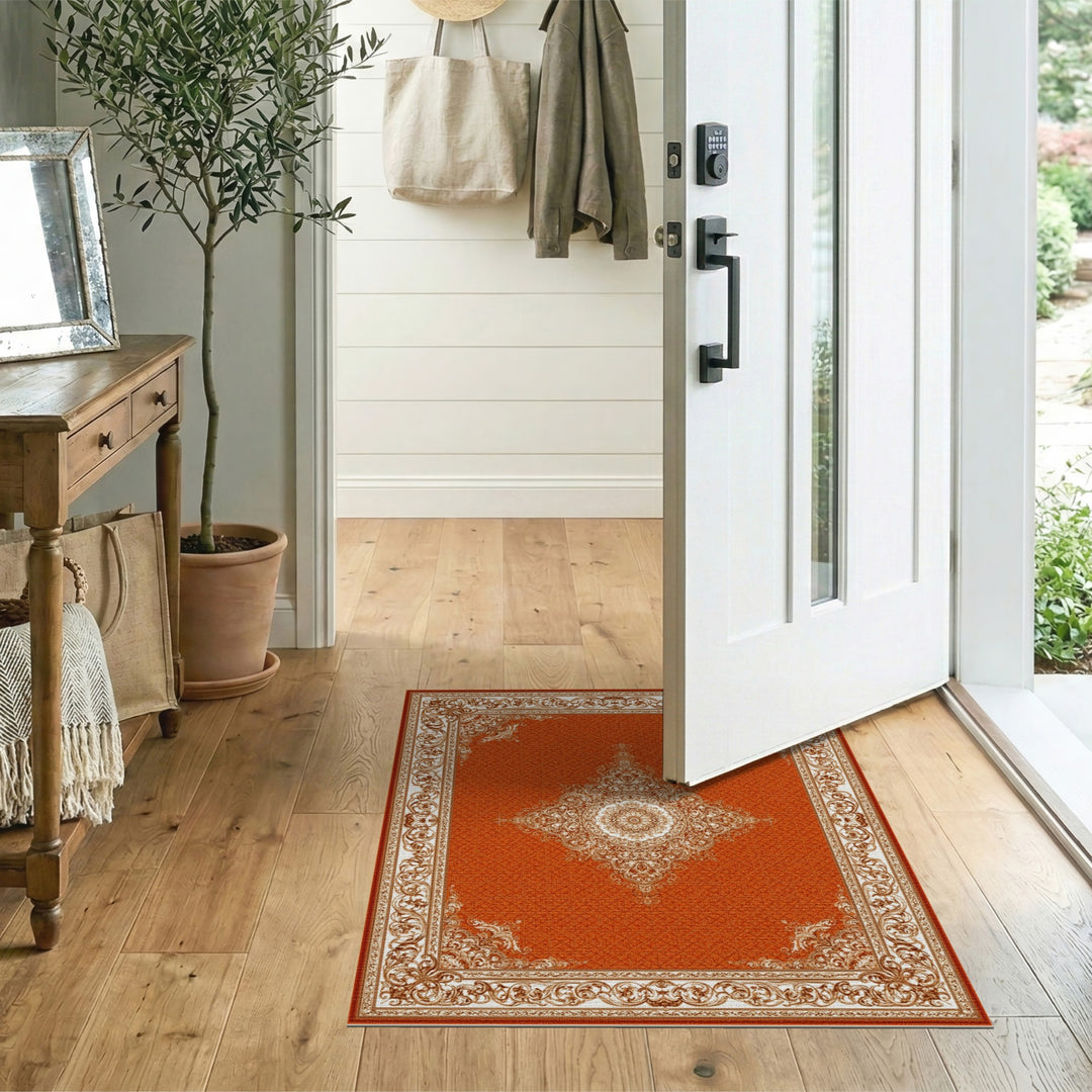 Red Traditional Persian Area Rug with Ivory Medallion