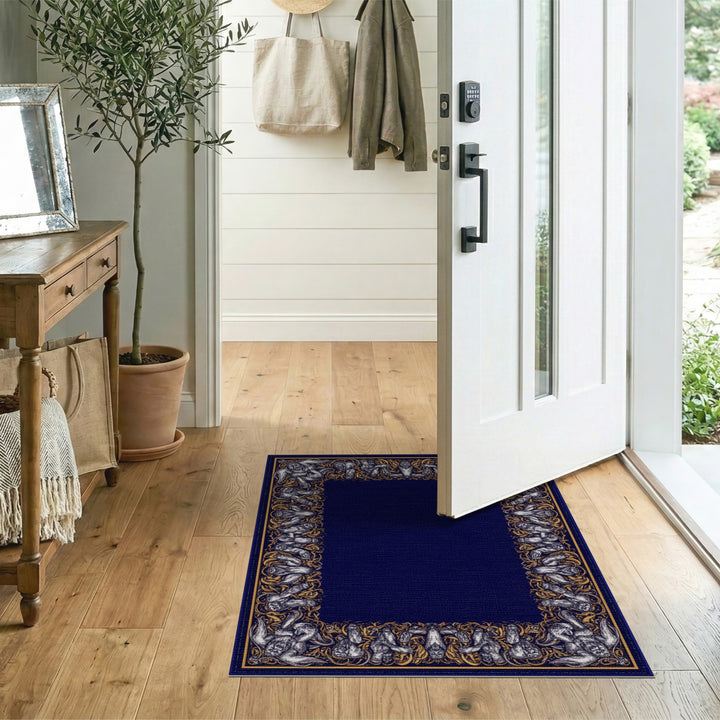 Silver Gorilla Border Blue Area Rug