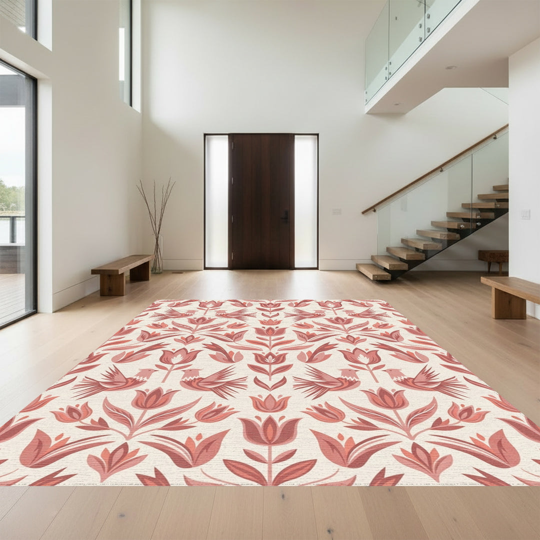 Retro Pink Floral Bird Harmony Rug
