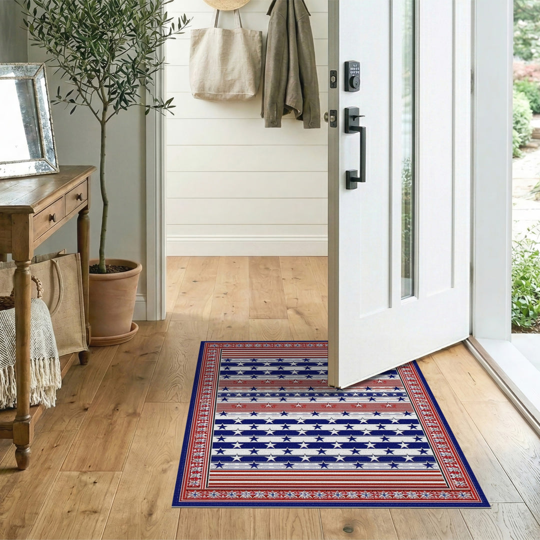 Multi-color and Patterns Patriotic Stars and Stripes Washable Area Rug