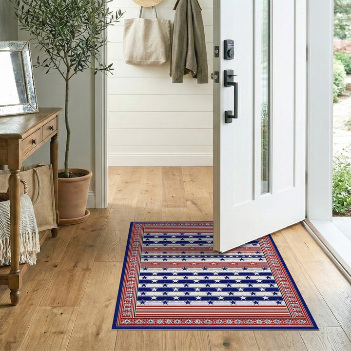 Multi-color and Patterns Patriotic Stars and Stripes Washable Area Rug