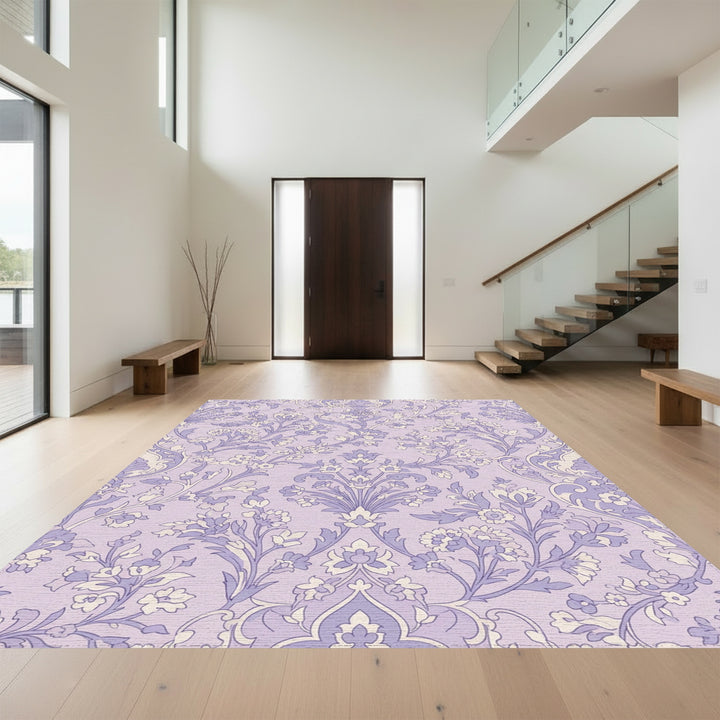 Lavender Floral Scroll Damask Rug