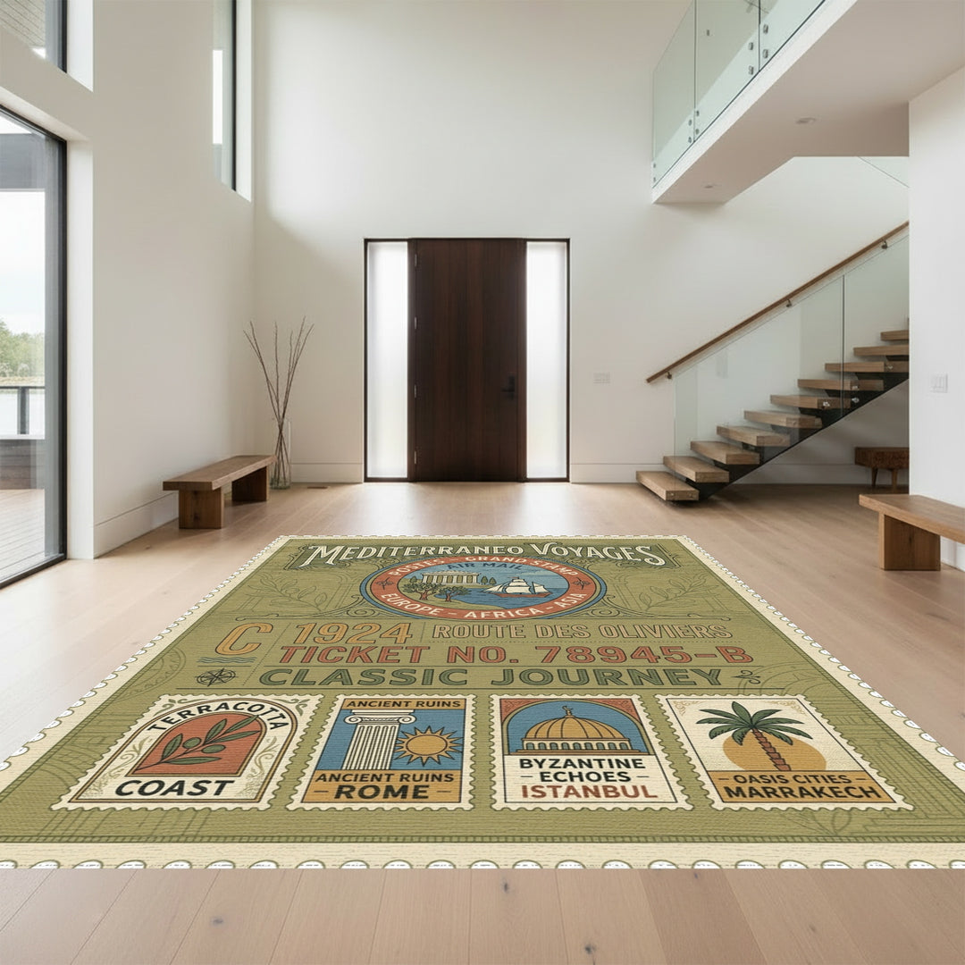 Vintage Mediterranean Voyage Stamp Rug