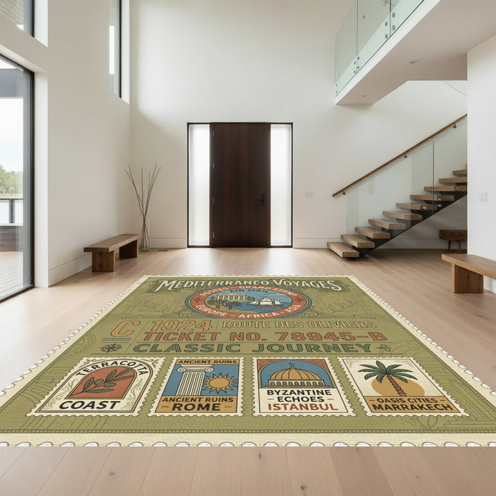 Vintage Mediterranean Voyage Stamp Rug