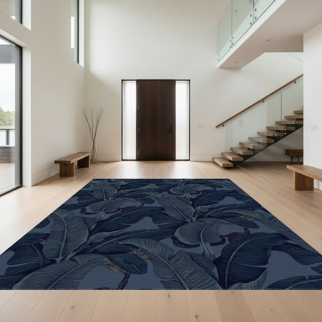 Midnight Blue Tropical Banana Leaf Rug