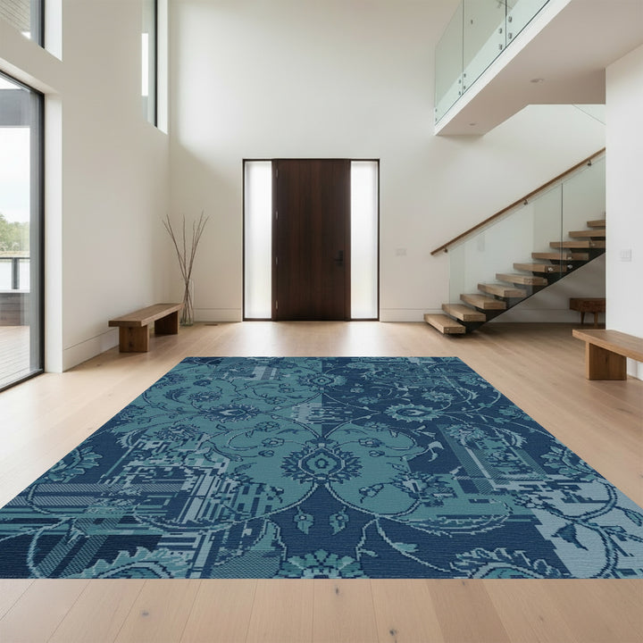 Teal Blue Botanical Pixelated Medallions Rug