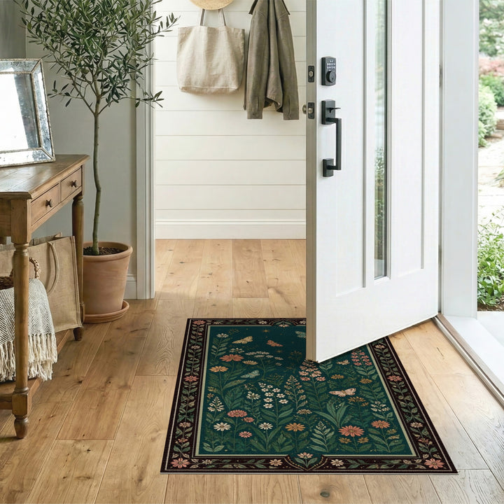 Vintage Teal Floral Butterfly Area Rug