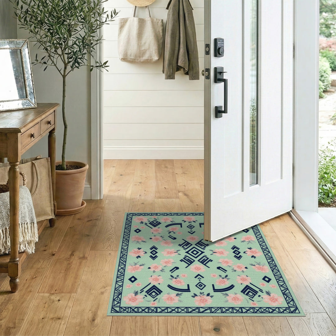 Mint Green Floral Geometric Area Rug