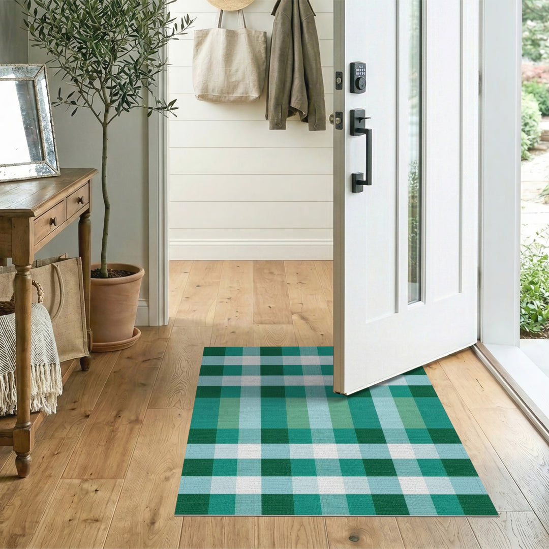 Green Checkered Washable Geometric Modern Area Rug