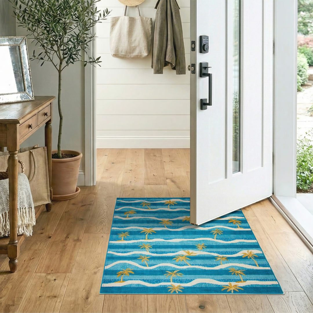 Blue and Teal Blue Teal Palm Wave Coastal Area Rug