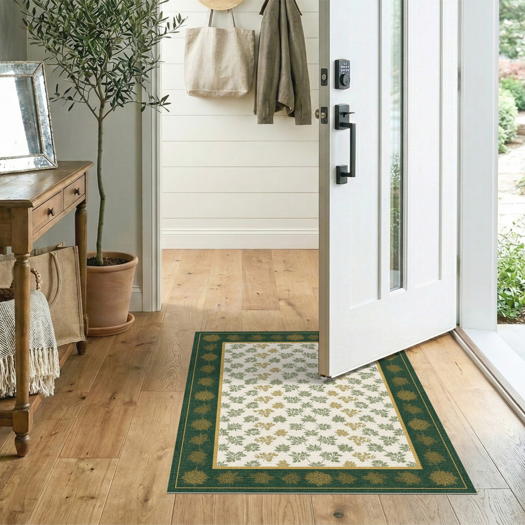 Green Leaf Vine Area Rug with Gold Border