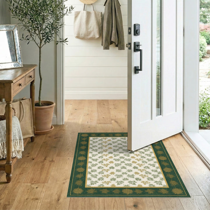 Green Leaf Vine Area Rug with Gold Border