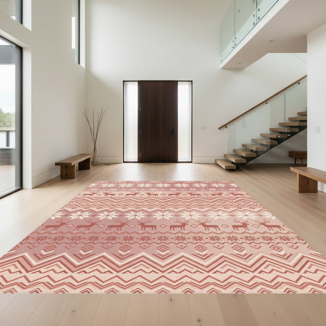 Rose Gold Nordic Reindeer Snowflake Stripe Rug