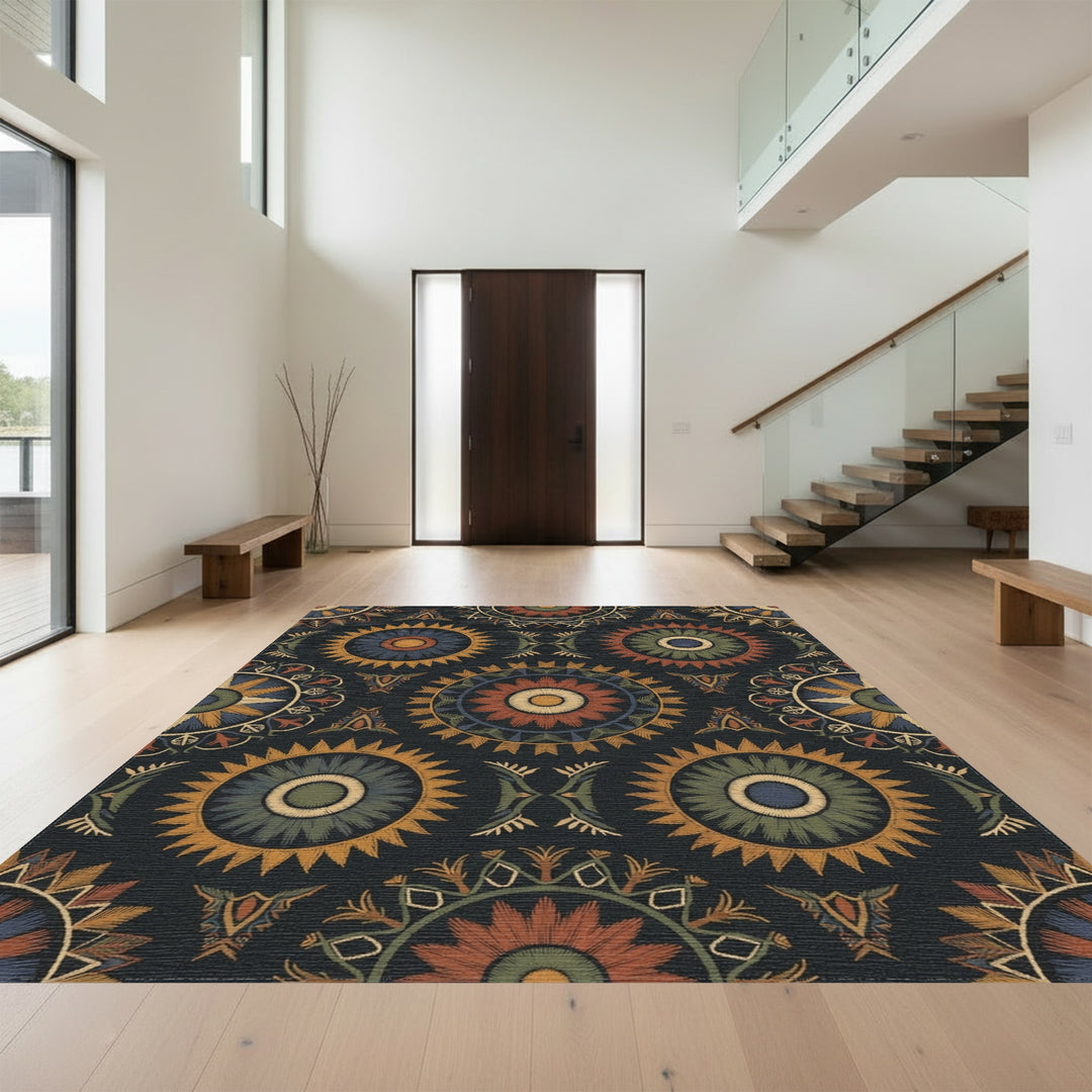 Earthy Sunburst Medallion Embroidered Rug