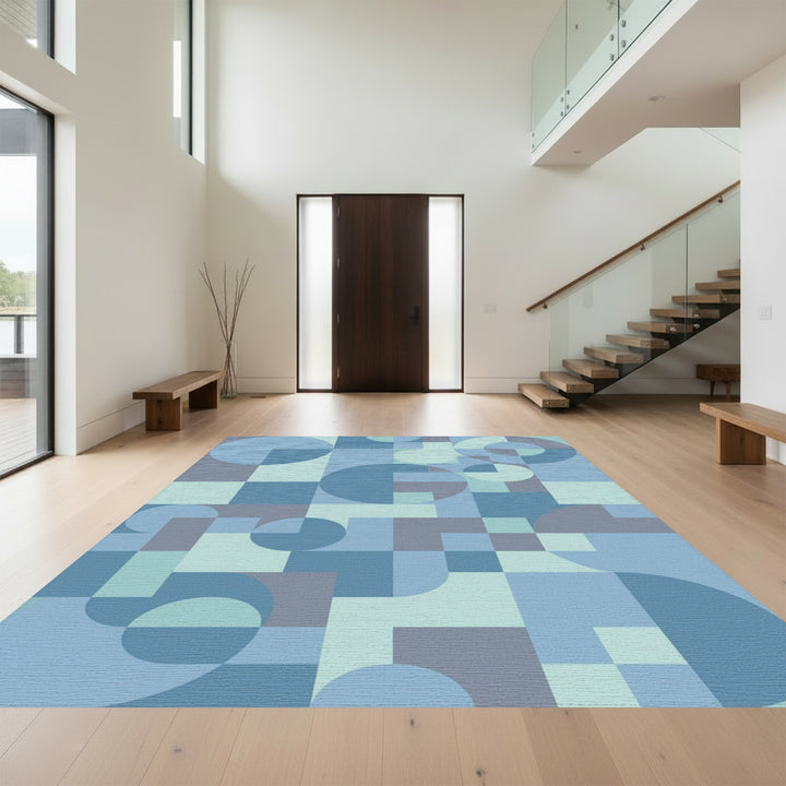 Modern Blue Geometric Circles and Squares Rug
