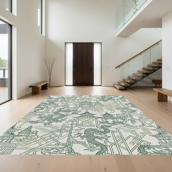 Emerald Dragon Pagoda Landscape Harmony Rug