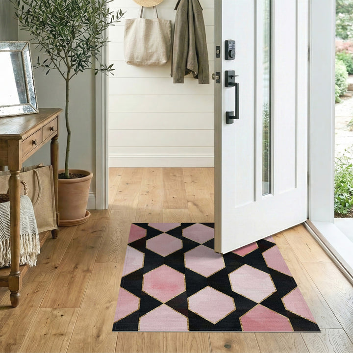 Pink Geometric Diamond Area Rug with Gold Accents