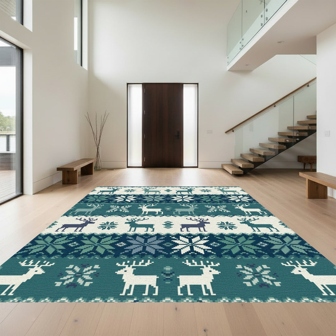 Nordic Teal Deer Snowflake Knit Rug