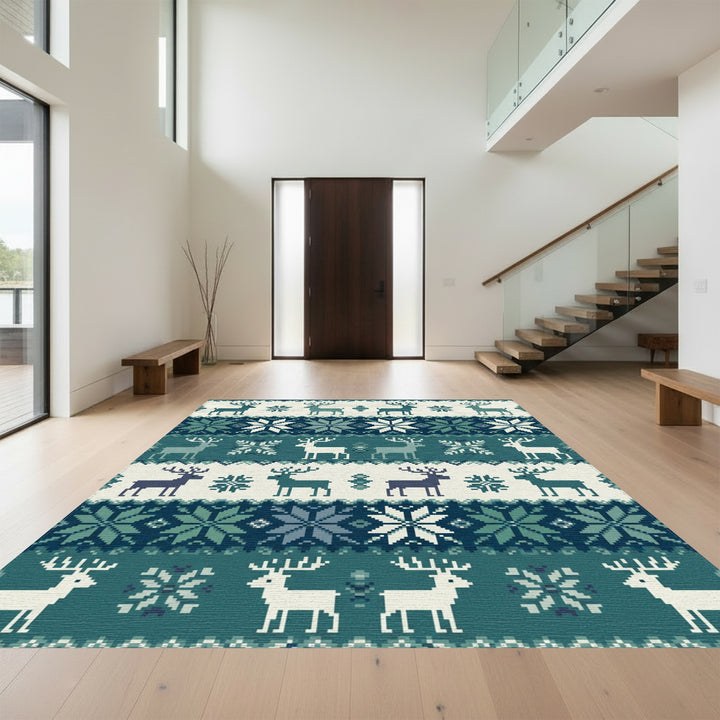 Nordic Teal Deer Snowflake Knit Rug