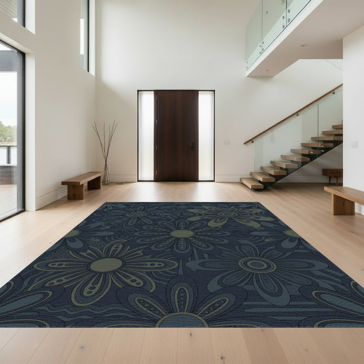 Retro Daisy Blue And Green Rug