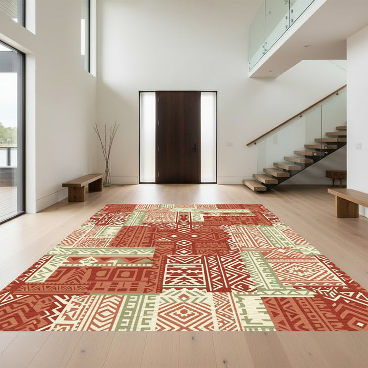 Terracotta Sage Geometric Patchwork Rug