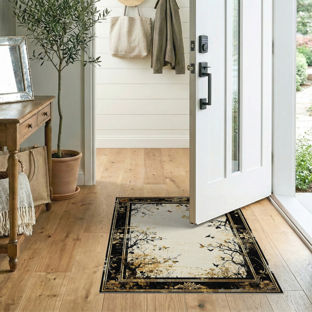 Distressed Vintage Butterfly Branch Beige Area Rug